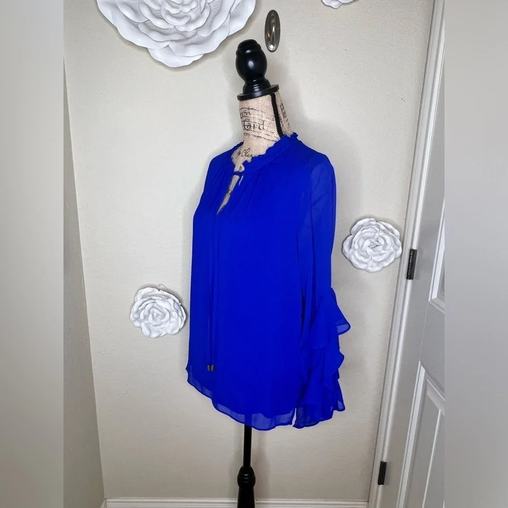 Gibson Latimer Ruffled Sheer Overlay Bell Sleeves Royal Blue Blouse Size M